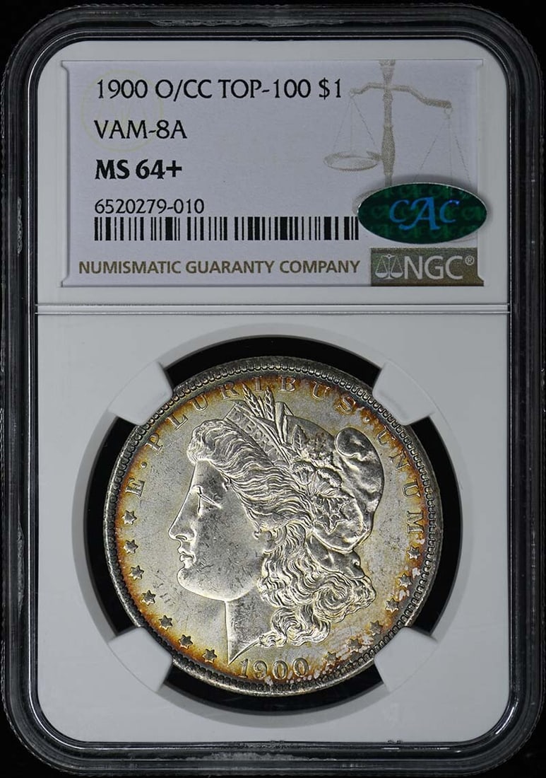 1900-O/ CC TOP-100 Morgan Dollar VAM-8A S$1 NGC MS64+ (CAC): 1900-O/ CC TOP-100 Morgan Dollar VAM-8A S$1 NGC MS64+ (CAC) The 1900-O/ CC TOP-100 Morgan Dollar VAM-8A S$1 NGC MS64+ (CAC) is a highly detailed and well-crafted coin, certified by the Numismatic Guar