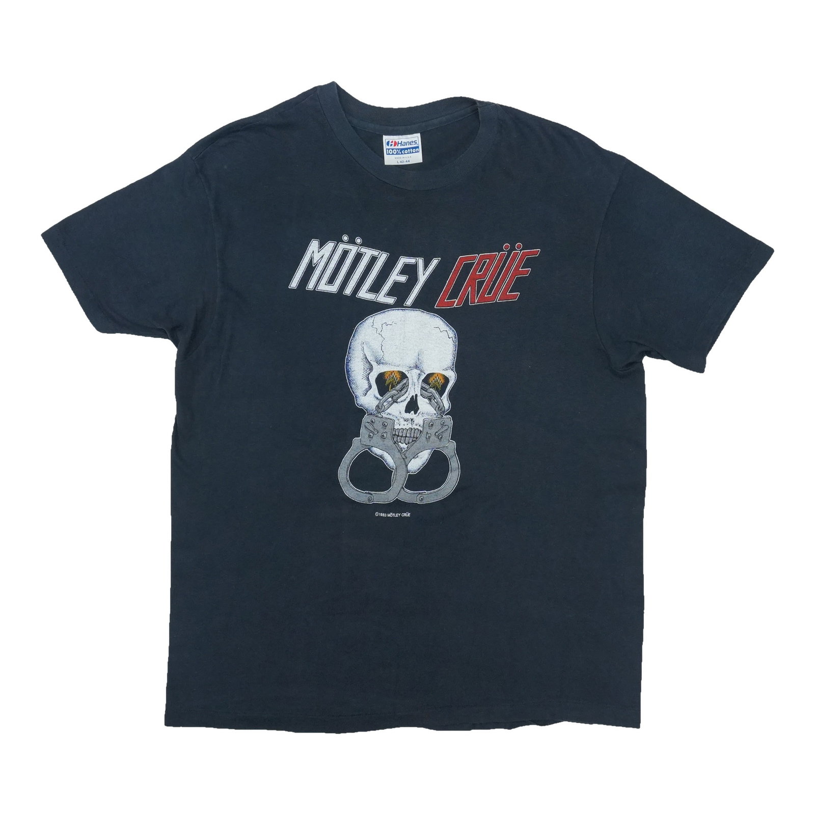 1983 Mtley Cre Skull And Handcuffs Shirt: 1983 Mtley Cre Skull And Handcuffs Shirt Authentic 1983 M?tley Cr?e Skull and Handcuffs Shirt - A rare and iconic piece of rock 'n' roll history, this vintage tee features the band's signature skull a