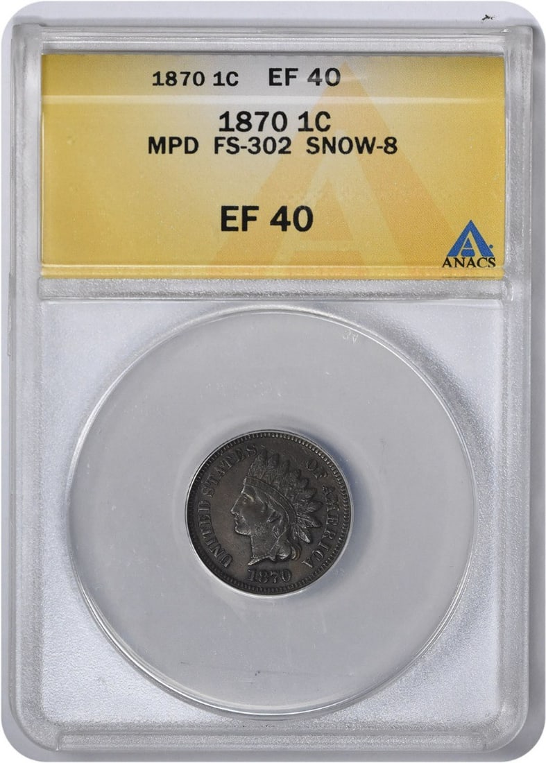 1870 Indian Cent MPD FS-302 S-8 EF40 ANACS: 1870 Indian Cent MPD FS-302 S-8 EF40 ANACS 1870 Indian Cent MPD FS-302 S-8 EF40 ANACS. This 1870 Indian Cent is certified by ANACS as Circulated, with a grade of EF40. It features the distinctive MPD 