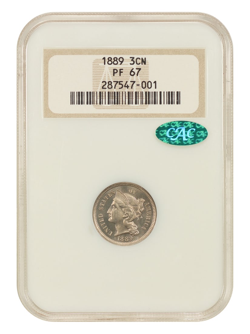 1889 3CN NGC/ CAC PR67 (OH) - Three Cent Nickel: 1889 3CN NGC/ CAC PR67 (OH) - Three Cent Nickel The 1889 3CN NGC/ CAC PR67 (OH) is a high-grade, uncirculated Three Cent Nickel with a stunning grade of PR67. Certified by the Numismatic Guaranty Corp