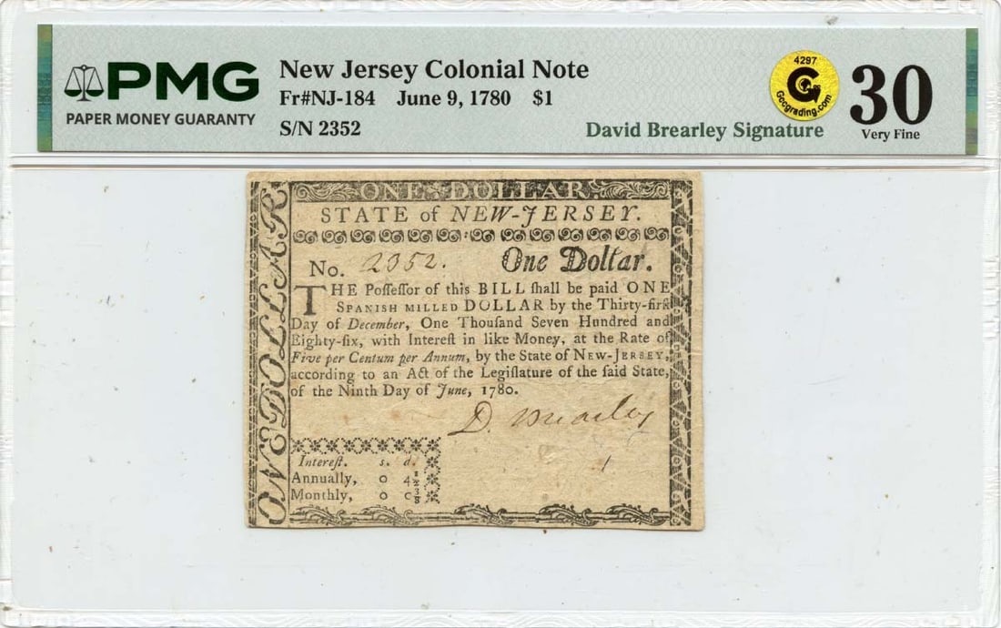 June 9 1780 $1 New Jersey Colonial Note FR#NJ-184 PMG VF30 David Brearley GCC: June 9 1780 $1 New Jersey Colonial Note FR#NJ-184 PMG VF30 David Brearley GCC This 1780 $1 New Jersey Colonial Note, certified by PMG as VF30, features a signature and is a rare example of early Ameri