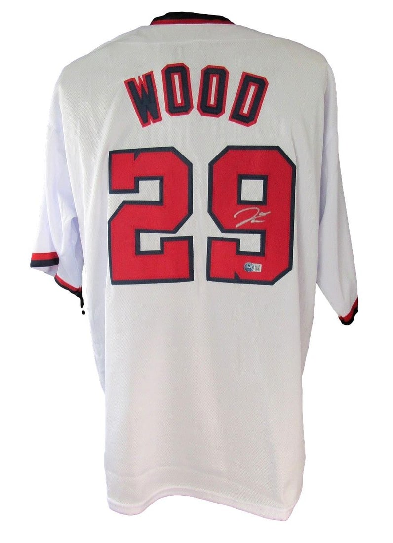 Signed Auto White Custom Baseball Jersey Nationals Beckett Wood James 211011: Signed Auto White Custom Baseball Jersey Nationals Beckett Wood James 211011 Signed by James Wood, this authentic National's baseball jersey is a unique collectible for any fan. The jersey bears the s