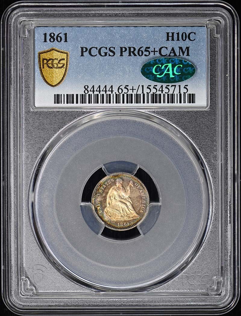 1861 H10C Liberty Seated Half Dime PCGS PR65+CAM (CAC): 1861 H10C Liberty Seated Half Dime PCGS PR65+CAM (CAC) PCGS PR65+CAM (CAC) 1861 H10C Liberty Seated Half Dime - A highly graded and certified example of this early American coin, featuring a striking 