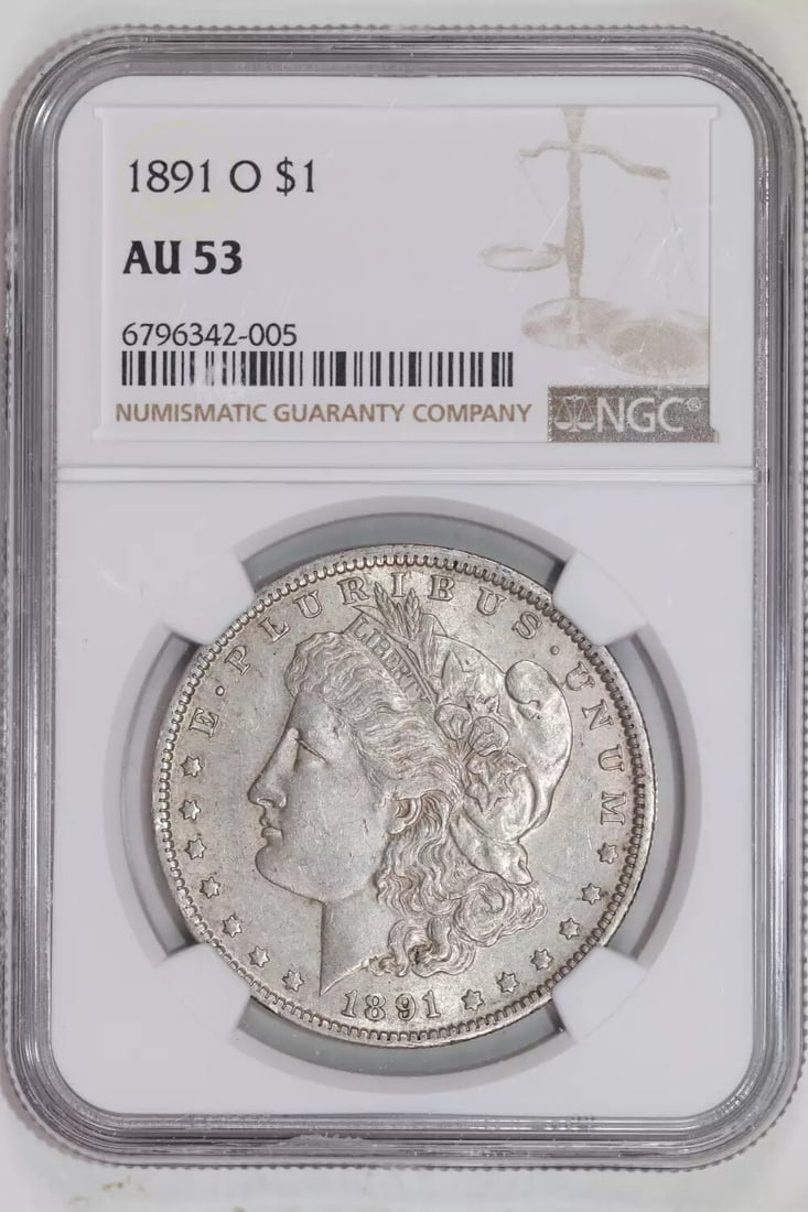 1891-O MORGAN DOLLAR NGC AU53: 1891-O MORGAN DOLLAR NGC AU53 The 1891-O Morgan Dollar is a stunning example of American numismatics, boasting a rich history and intricate design. Certified by the Numismatic Guaranty Corporation (NG