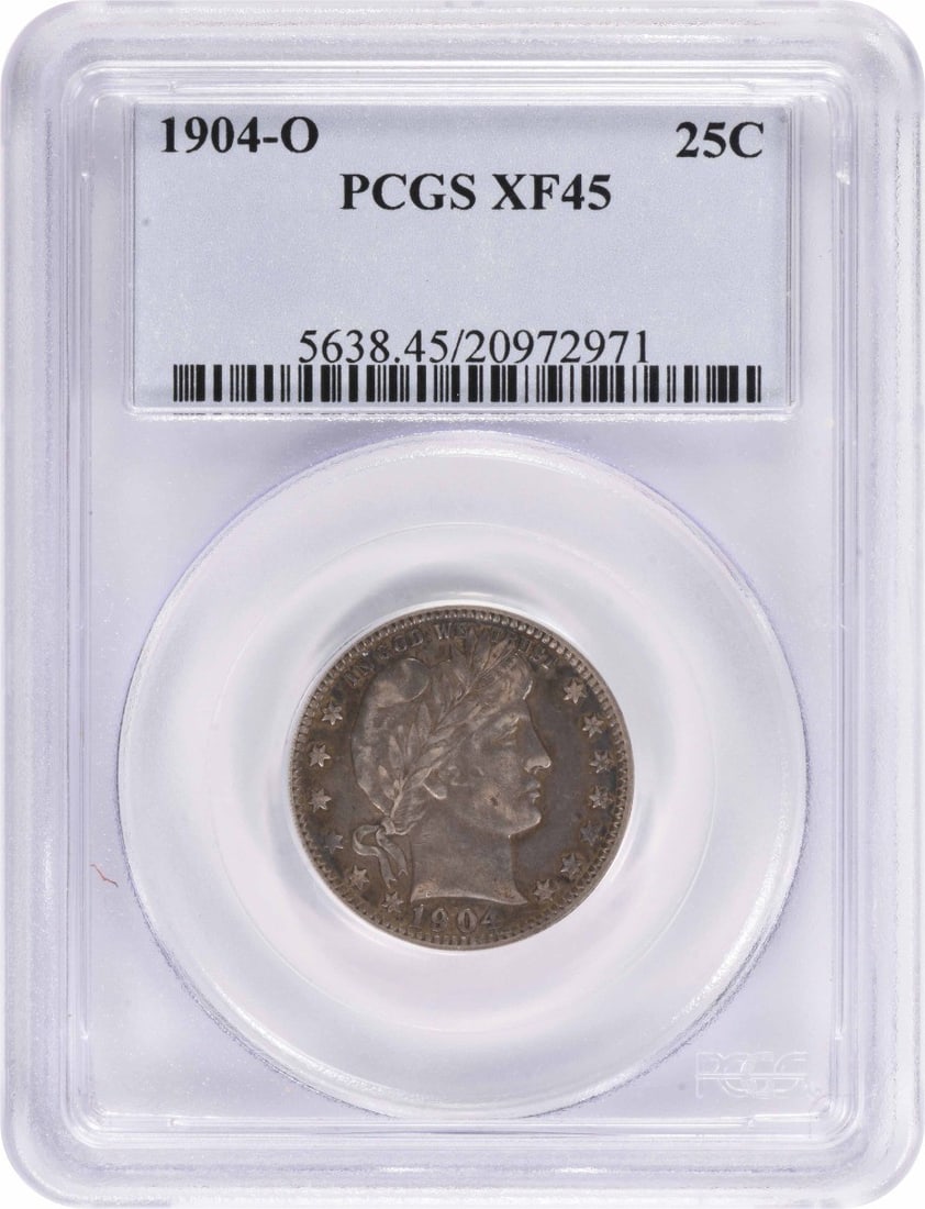 1904-O Barber Silver Quarter EF45 pCGS: 1904-O Barber Silver Quarter EF45 pCGS The 1904-O Barber Silver Quarter is a highly detailed and accurate representation of a circulated coin from the New Orleans mint. With a grade of EF45, this coin