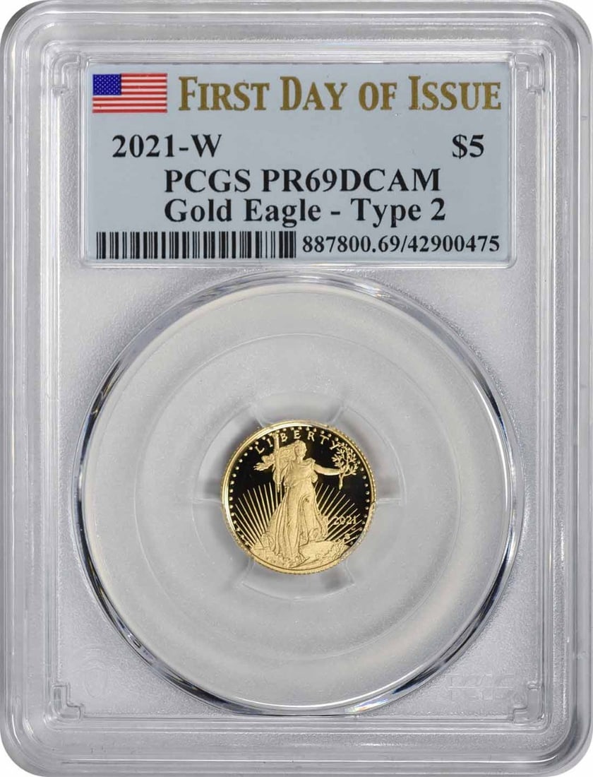 2021-W $5 American Proof Gold Eagle Type 2 PR69DCAM First Day of Issue PCGS: 2021-W $5 American Proof Gold Eagle Type 2 PR69DCAM First Day of Issue PCGS 2021-W $5 American Proof Gold Eagle Type 2 PR69DCAM First Day of Issue PCGS - A rare and highly detailed proof coin, this 20