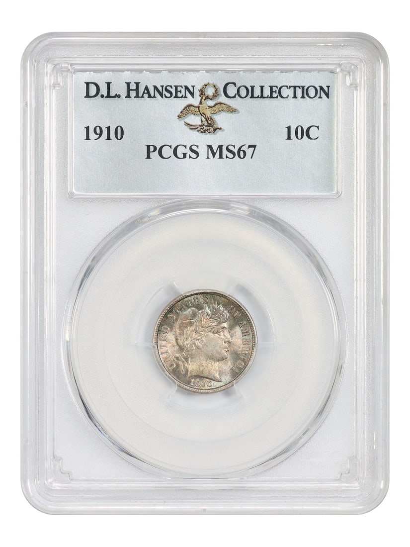 1910 10c PCGS MS67 ex: D.L. Hansen: 1910 10c PCGS MS67 ex: D.L. Hansen The 1910 10c PCGS MS67 is a highly graded, uncirculated example of the iconic Liberty Head dime, certified by the Professional Coin Grading Service (PCGS) with a MS6