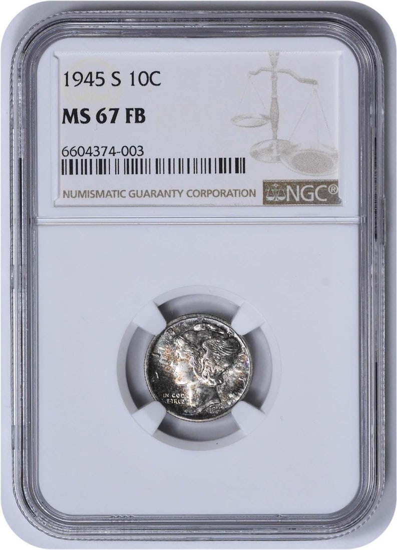 1945-S Mercury Silver Dime MS67FB NGC: 1945-S Mercury Silver Dime MS67FB NGC The 1945-S Mercury Silver Dime MS67FB NGC is a highly detailed and well-graded coin, certified by the Numismatic Guaranty Corporation (NGC) as uncirculated. With 