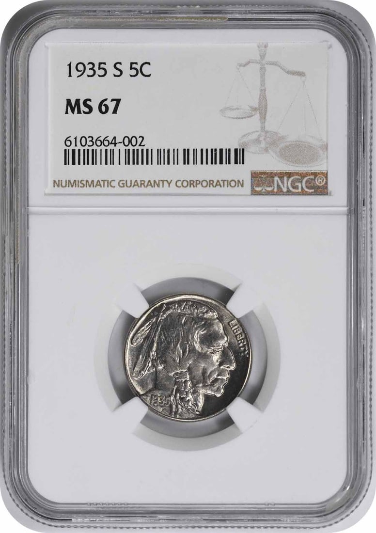 1935-S Buffalo Nickel MS67 NGC: 1935-S Buffalo Nickel MS67 NGC The 1935-S Buffalo Nickel MS67 NGC is a highly graded, uncirculated example of this iconic nickel coin, boasting a stunning MS67 grade from the Numismatic Guaranty Corpo