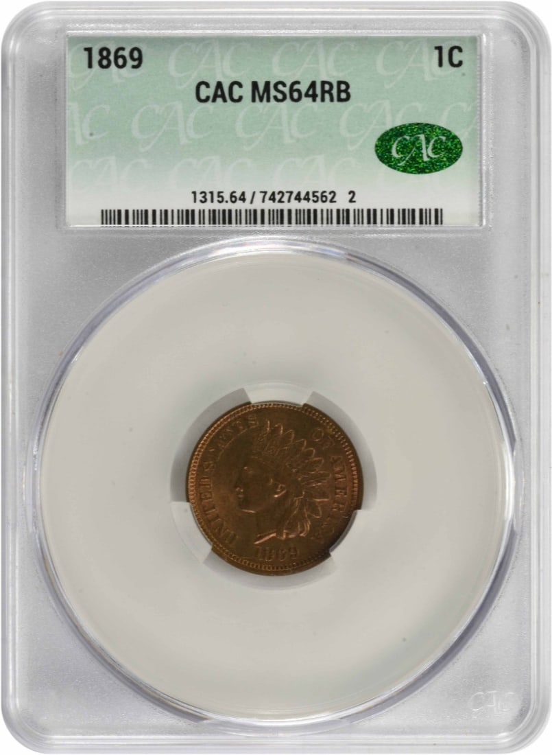 MS64RB CACG Indian Cent 1869: MS64RB CACG Indian Cent 1869 MS64RB CACG Indian Cent 1869 - A Highly Detailed, Uncirculated 1869 Indian Cent with a MS64 Grade, Displaying Excellent Condition and Luster. This Coin Features a Copper C