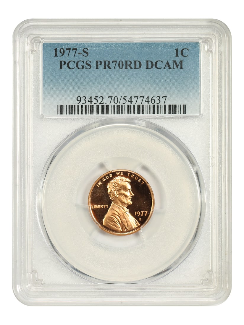 1C PCGS PR70DCAM 1977 S Lincoln Cent: 1C PCGS PR70DCAM 1977 S Lincoln Cent This 1977 S Lincoln Cent is a stunning example of uncirculated coinage, certified by the PCGS as PR70DCAM. The coin's San Francisco mint mark and high grade of PR7