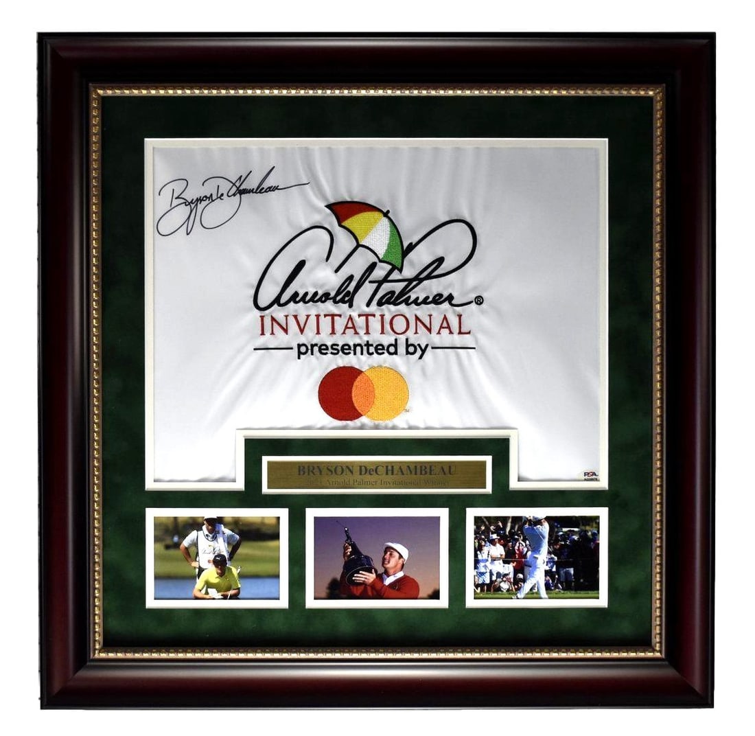 Bryson DeChambeau Signed Arnold Palmer Invitational Pin Flag Framed PSA/ DNA 5707: Bryson DeChambeau Signed Arnold Palmer Invitational Pin Flag Framed PSA/ DNA 5707 PSA/DNA 5707 has authenticated the Bryson DeChambeau signed Arnold Palmer Invitational pin flag, which is framed and r