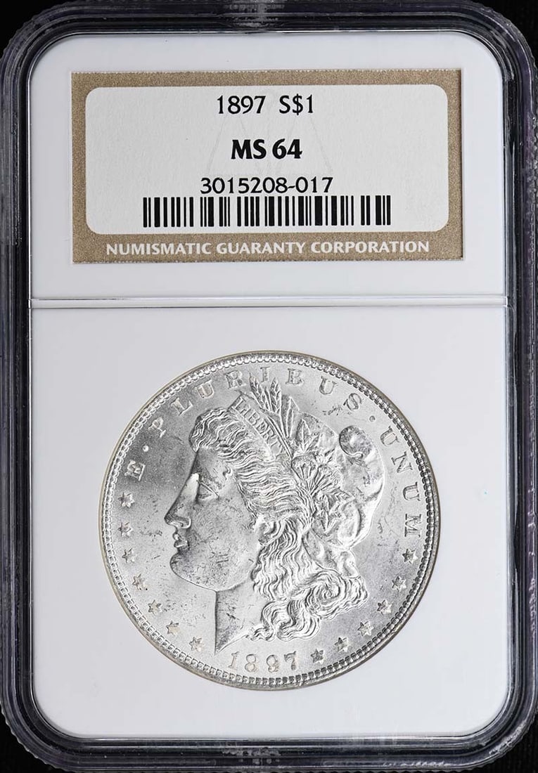 S$1 MS64 NGC 1897 Dollar: S$1 MS64 NGC 1897 Dollar The 1897 Morgan Dollar is a highly detailed and intricately designed coin, featuring a distinctive double eagle design on its obverse and a wreathed eagle on its reverse. Cert