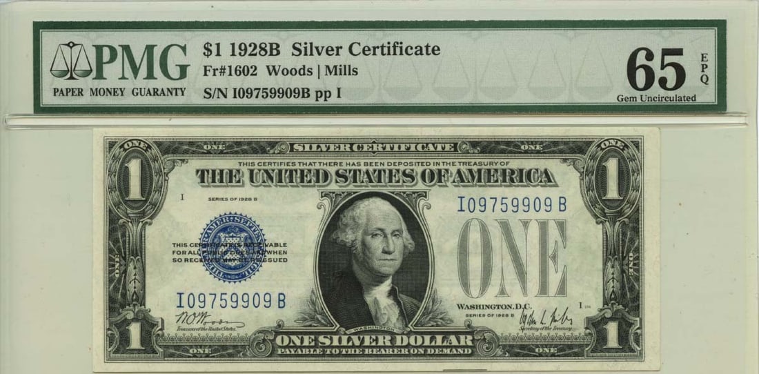 1928B $1 Silver Certificate Blue Seal Fr# 1602 PMG Gem65 EPQ (1 of 1)