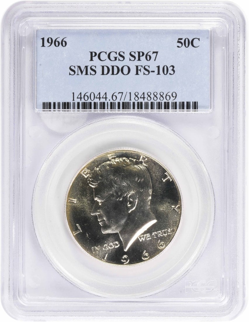 1966 Kennedy Silver Half Dollar SMS DDO FS-103 SP67 PCGS: 1966 Kennedy Silver Half Dollar SMS DDO FS-103 SP67 PCGS The 1966 Kennedy Silver Half Dollar SMS DDO FS-103 SP67 PCGS is a highly graded uncirculated coin, boasting a stunning SP67 grade from the Prof