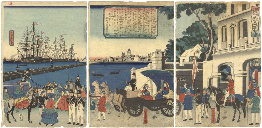 Yoshitora 1862 Woodblock Print Triptych Port of London England Foreign Scenes: Yoshitora 1862 Woodblock Print Triptych Port of London England Foreign Scenes Item Specifics: Artist: Utagawa Yoshitora Subject: Port of London England Foreign Nations Material: Washi Paper Style: