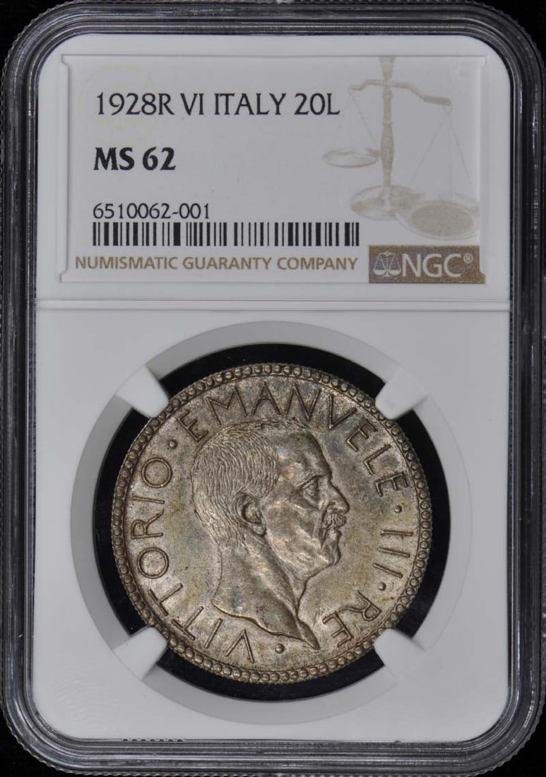 1928R VI ITALY KM-69 20L NGC MS62: 1928R VI ITALY KM-69 20L NGC MS62 The 1928R VI ITALY KM-69 20L NGC MS62 is an uncirculated 20 Lire coin from Italy, certified by the Numismatic Guaranty Corporation (NGC) with a grade of MS62. This co