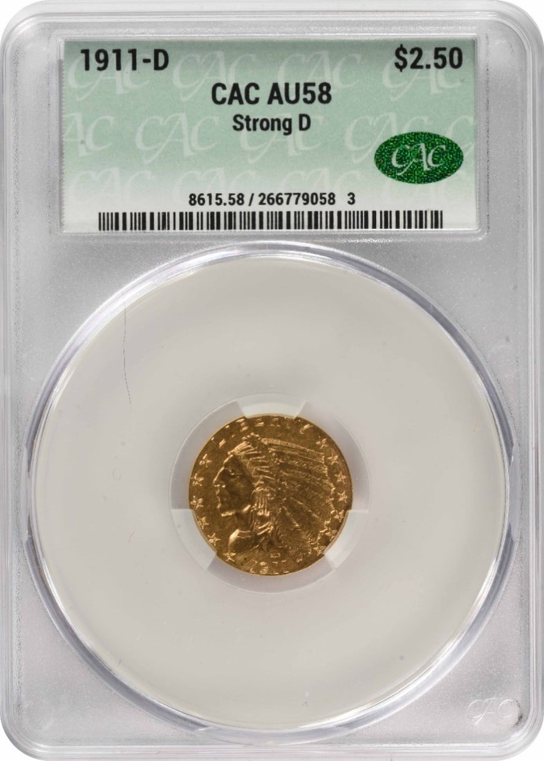 $2.50 Gold Indian Strong AU58 CACG: $2.50 Gold Indian Strong AU58 CACG The 1911 $2.50 Gold Indian Strong AU58 CACG is a circulated coin with a rich history, featuring a reeded edge and a diameter of 18.00 millimeters. Certified by the C