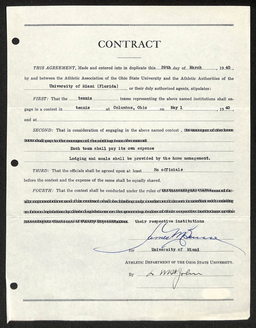 Signed Contract HOF Miami Ohio State Lynn St John 1940 JSA 198970: Signed Contract HOF Miami Ohio State Lynn St John 1940 JSA 198970 Signed Contract HOF Miami Ohio State Lynn St John 1940 JSA 198970 bears the signature of Lynn St John. This original baseball contract