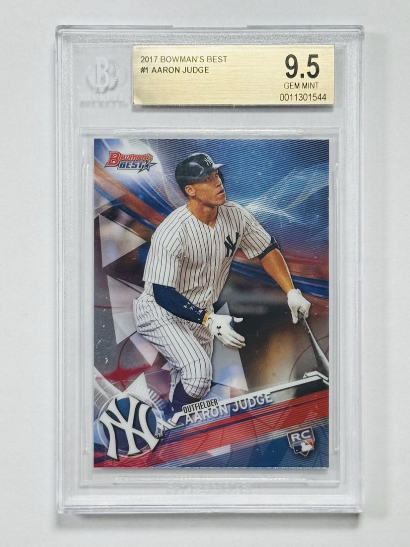 2017 BOWMANS BEST AARON JUDGE #1 ROOKIE BGS 9.5: 2017 BOWMANS BEST AARON JUDGE #1 ROOKIE BGS 9.5 This 2017 Bowman's Best Aaron Judge rookie card is graded 9.5 by Professional Sports Authenticator (PSA) and is a highly sought-after addition to any ba