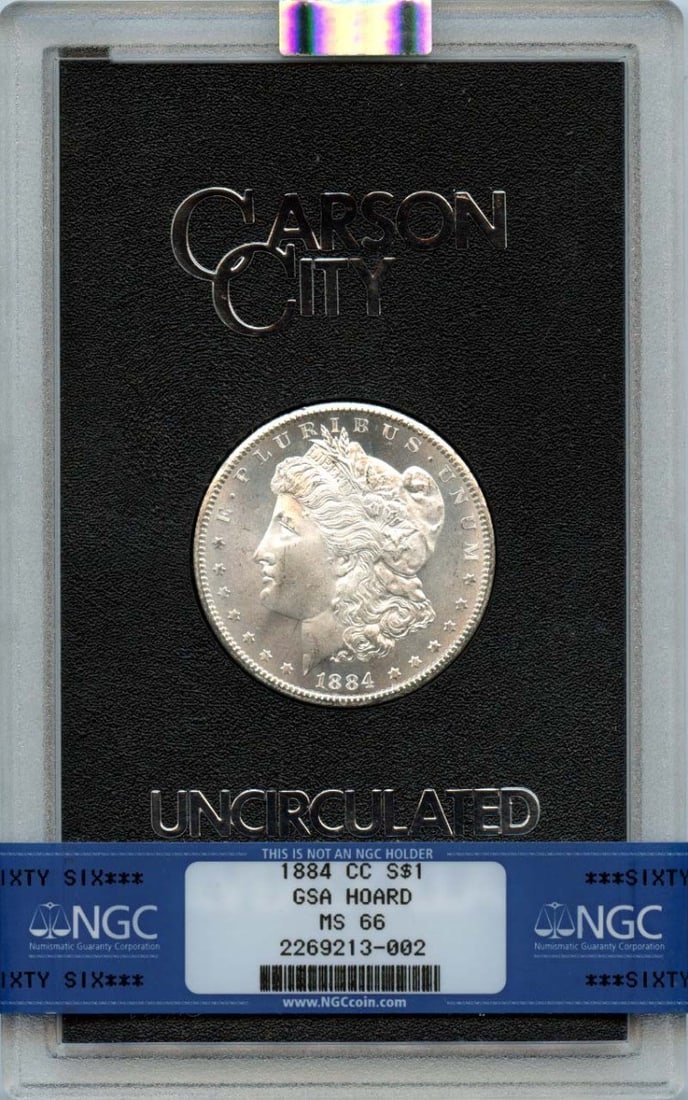 1884-CC $1 Silver Morgan Dollar GSA HOARD S$1 NGC MS66: 1884-CC $1 Silver Morgan Dollar GSA HOARD S$1 NGC MS66 The 1884-CC $1 Silver Morgan Dollar is a highly graded specimen, certified MS66 by the Numismatic Guaranty Corporation (NGC). This uncirculated c