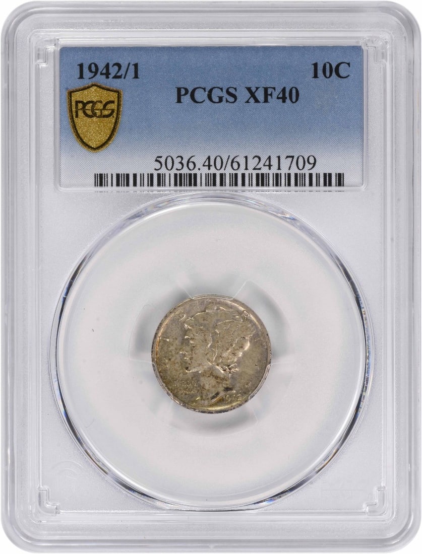 1942/ 1 Mercury Silver Dime EF40 PCGS: 1942/ 1 Mercury Silver Dime EF40 PCGS 1942 Mercury Silver Dime EF40 PCGS. This circulated 1942 Mercury dime boasts a high grade of EF40, certified by PCGS, and features a silver composition. The coin'