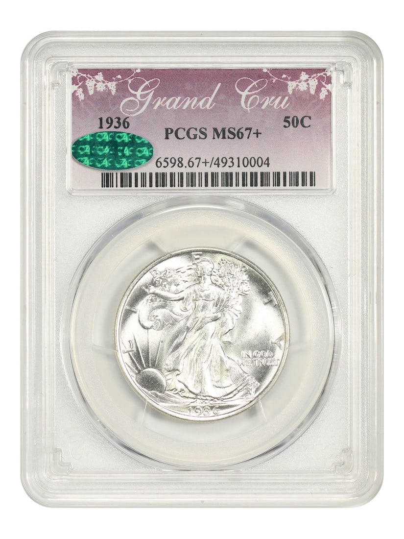 PCGS CAC MS67+ Walking Liberty Half Dollar 1936 50C Registry: PCGS CAC MS67+ Walking Liberty Half Dollar 1936 50C Registry The 1936 Walking Liberty Half Dollar, graded MS67+, boasts exceptional condition with a high level of detail retention, making it a standou
