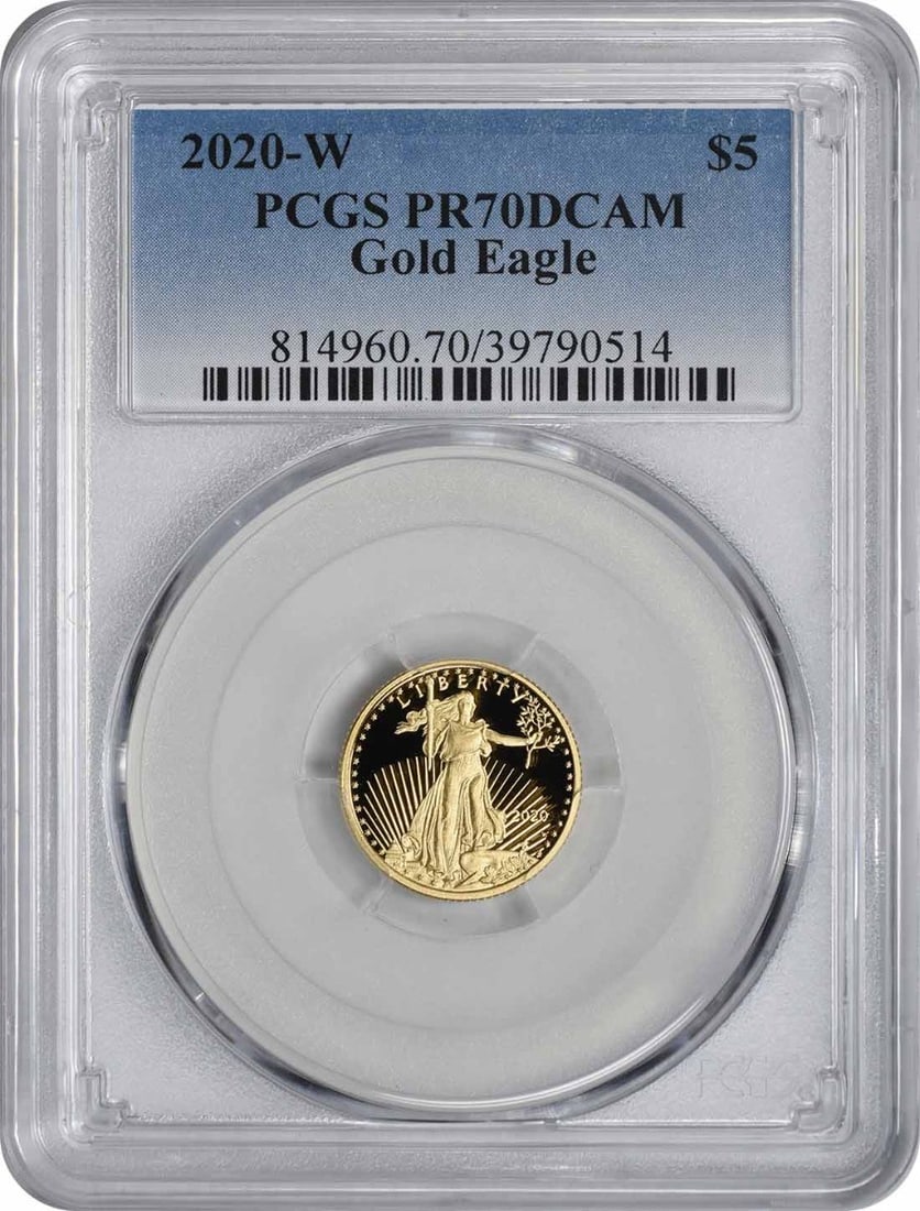 2020-W $5 American Gold Eagle PR70DCAM PCGS: 2020-W $5 American Gold Eagle PR70DCAM PCGS 2020-W $5 American Gold Eagle PR70DCAM PCGS - A Stunning Proof CoinThe 2020-W $5 American Gold Eagle is a highly detailed proof coin, certified by PCGS as P