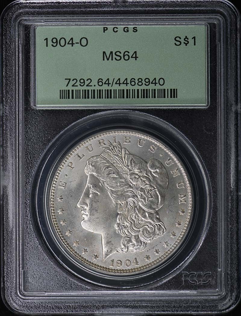 1904-O $1 Morgan Dollar PCGS MS64: 1904-O $1 Morgan Dollar PCGS MS64 The 1904-O $1 Morgan Dollar is a highly sought-after coin, certified by PCGS as MS64. This uncirculated coin features the iconic design of Augustus Saint-Gaudens,