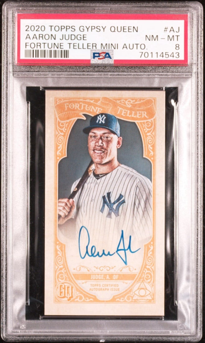 TOPPS 2020 GYPSY QUEEN AARON JUDGE MINI AUTO #AJ 10 FORTUNE TELLER 8: TOPPS 2020 GYPSY QUEEN AARON JUDGE MINI AUTO #AJ 10 FORTUNE TELLER 8 Standard Autographed Miniature Card of Aaron Judge, a 2020 Topps Gypsy Queen Fortune Teller insert, featuring a rare #AJ 10 print