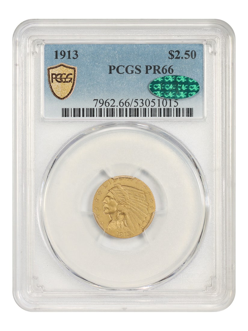 1913 $2.50 PCGS/ CAC PR66 - Indian $2.5 - Matte Proof Quarter Eagle: 1913 $2.50 PCGS/ CAC PR66 - Indian $2.5 - Matte Proof Quarter Eagle The 1913 $2.50 PCGS/CAC PR66 Indian Quarter Eagle is a highly detailed, matte proof coin featuring the iconic Indian design. Certifi