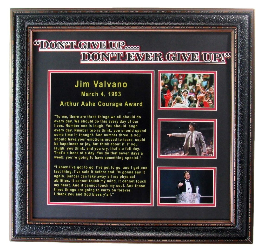 Jimmy Valvano "Never Give Up" Speech Collage Framed 210011: Jimmy Valvano "Never Give Up" Speech Collage Framed 210011 Original Jimmy Valvano "Never Give Up" Speech Collage Framed. This framed collage features a powerful speech by Jimmy Valvano, a renowned