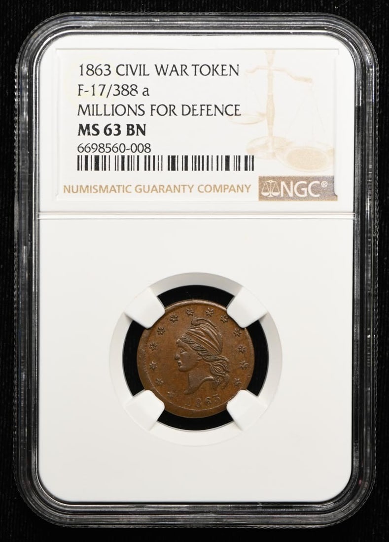 CIVIL WAR F-17/ 388 TOKEN NGC MS63BN: CIVIL WAR F-17/ 388 TOKEN NGC MS63BN The 1863 F-17 token, graded MS63BN by the NGC, is a rare and highly detailed example of early American numismatics. Its circulated state and NGC certification