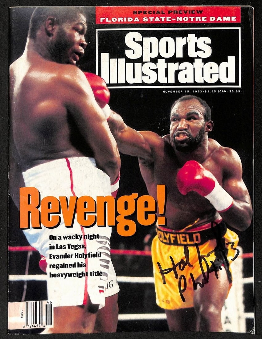 Holyfield Evander Signed Sports Illustrated Magazine 93 11 15 No Label: Holyfield Evander Signed Sports Illustrated Magazine 93 11 15 No Label Evander Holyfield, a legendary boxer, is featured on the cover of Sports Illustrated in November 1993. This original magazine