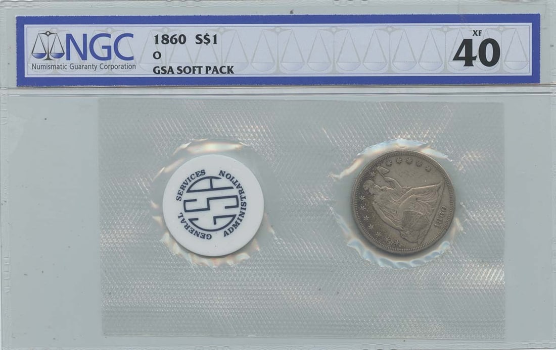 1860-O Seated Liberty - No Motto GSA SOFT PACK S$1 NGC XF40: 1860-O Seated Liberty - No Motto GSA SOFT PACK S$1 NGC XF40 The 1860-O Seated Liberty dollar is a highly detailed and intricately designed coin, featuring a portrait of Lady Liberty on the obverse and