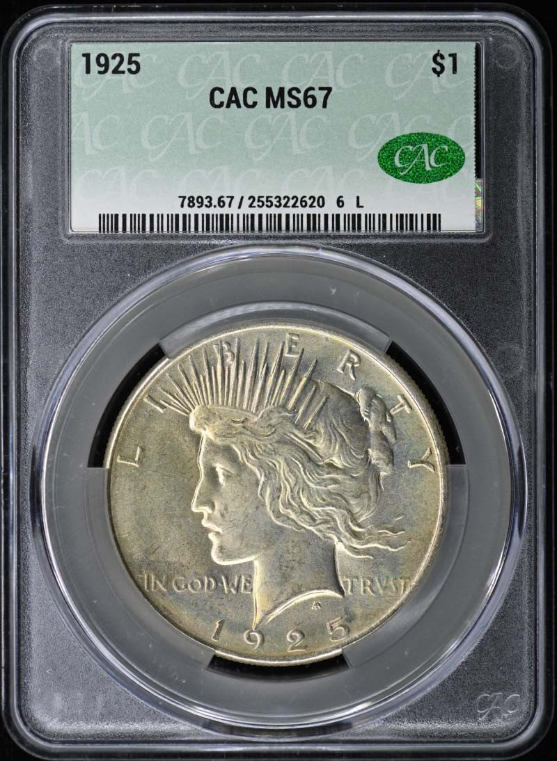 $1 Peace Dollar 1925 CACG MS67: $1 Peace Dollar 1925 CACG MS67 The 1925 CACG MS67 $1 Peace Dollar is a highly graded uncirculated coin, certified by the CACG with a grade of MS67, indicating its exceptional condition and mint state 