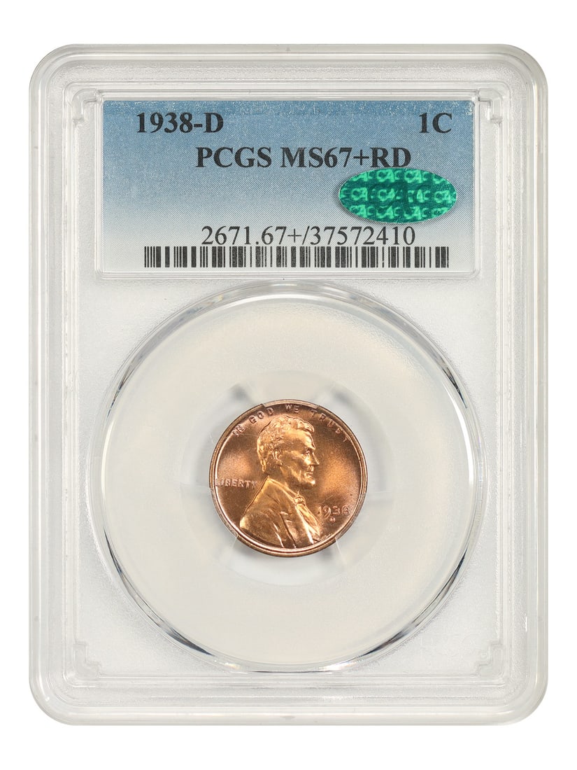 1938-D 1C PCGS/ CAC MS67+RD - Lincoln Cent (Wheat Reverse): 1938-D 1C PCGS/ CAC MS67+RD - Lincoln Cent (Wheat Reverse) The 1938-D 1C PCGS/CAC MS67+RD Lincoln Cent features a rich reddish-brown color, indicative of its high grade. Certified by PCGS and CAC, thi