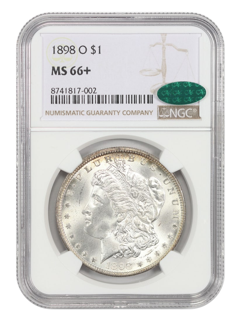 MS66+ CAC NGC Popular O-Mint 1898-O Dollar: MS66+ CAC NGC Popular O-Mint 1898-O Dollar MS66+ CAC NGC Popular O-Mint 1898-O Dollar - A highly graded, uncirculated 1898-O dollar with a strong MS66+ grade from the CAC (Coin Advisory Committee) and