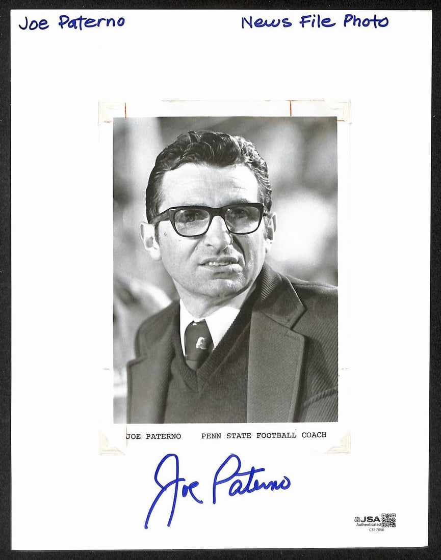 Joe Paterno Signed/ Autographed 5x7 Photo Penn State JSA 212838: Joe Paterno Signed/ Autographed 5x7 Photo Penn State JSA 212838 Joe Paterno's iconic smile shines brightly in this 5x7 photo, signed by the legendary Penn State coach. The photo, verified by the James