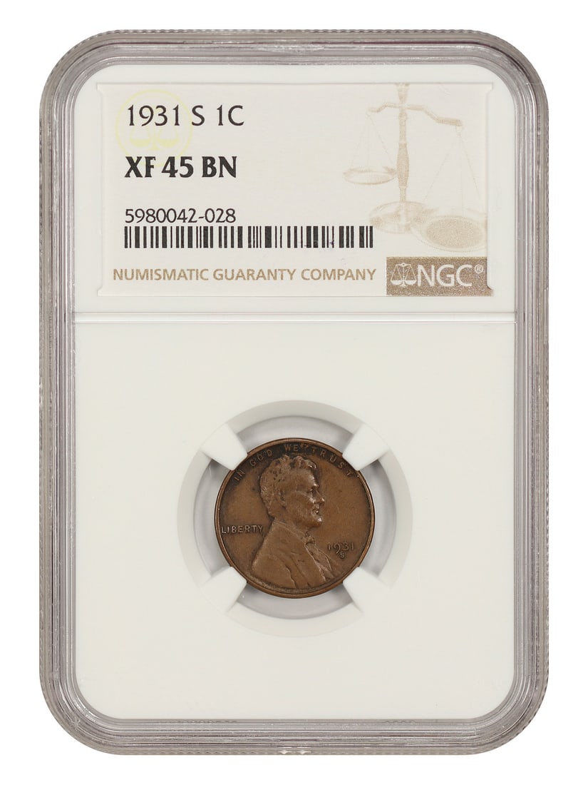 1931-S 1C NGC XF45 - Lincoln Cent (Wheat Reverse) - Affordable Key Date: 1931-S 1C NGC XF45 - Lincoln Cent (Wheat Reverse) - Affordable Key Date The 1931-S 1C Lincoln Cent, with its Wheat Reverse design, is a highly sought-after key date in the series. Certified by the NGC