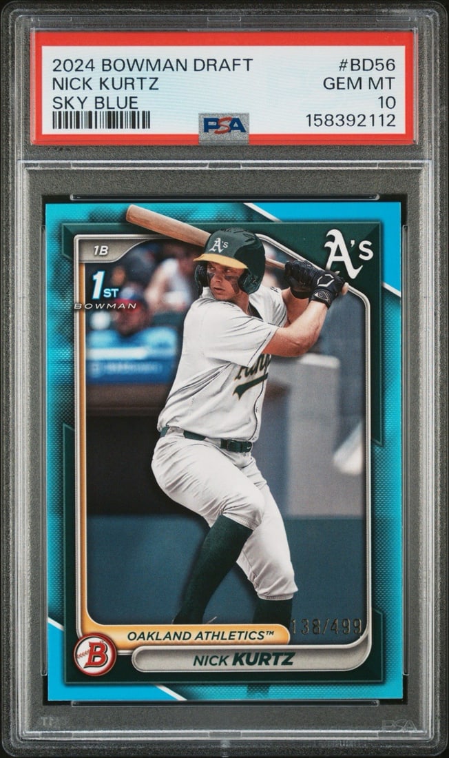 2024 BOWMAN DRAFT NICK KURTZ #BD56 SKY BLUE/ 499 PSA 10: 2024 BOWMAN DRAFT NICK KURTZ #BD56 SKY BLUE/ 499 PSA 10 Sky Blue #BD56 Nick Kurtz 2024 Bowman PSA 10 - A Top-Rated Rookie CardThe 2024 Bowman Sky Blue #BD56 card features Nick Kurtz, a highly touted r