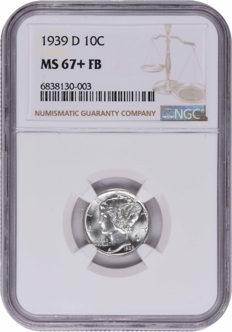 MS67+FB Mercury Dime Silver 1939-D: MS67+FB Mercury Dime Silver 1939-D MS67+FB Mercury Dime Silver 1939-D boasts an exceptional grade of MS67, showcasing its remarkable condition, while the FB designation highlights its high level of de