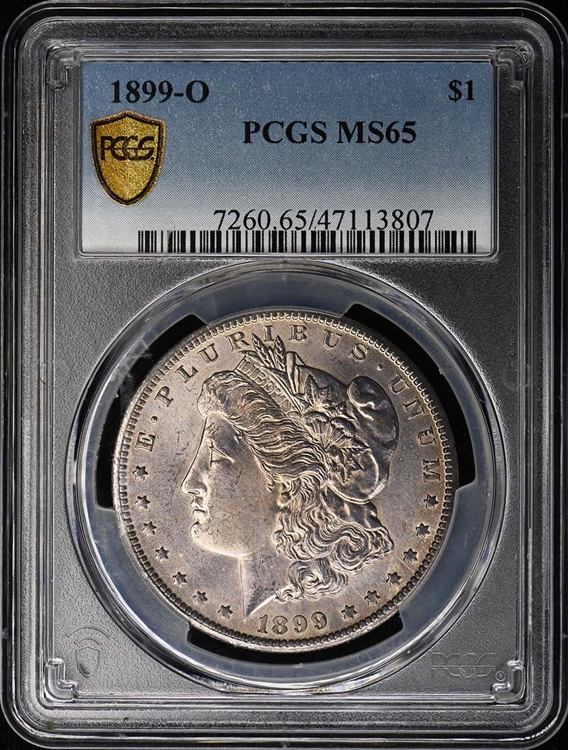1899-O $1 Morgan Dollar PCGS MS65: 1899-O $1 Morgan Dollar PCGS MS65 The 1899-O $1 Morgan Dollar, graded MS65 by PCGS, is a highly detailed and well-crafted coin. This uncirculated coin features the iconic design of the Morgan Dollar, 