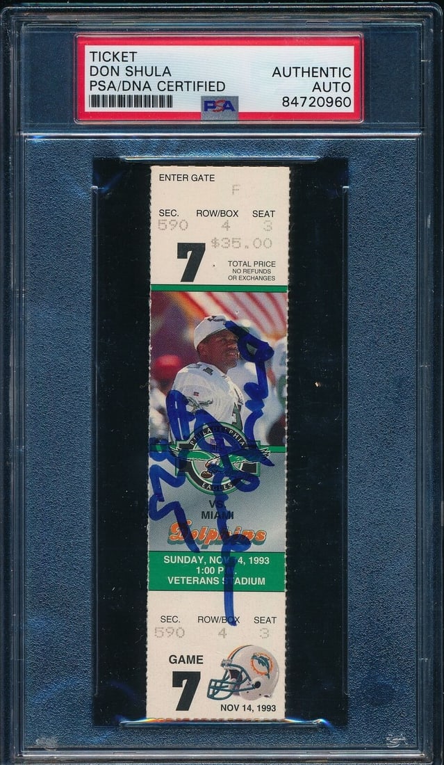 Don Shula Signed NFL Wins Record #325 11/ 4/ 1993 Full Ticket Dolphins PSA 176119: Don Shula Signed NFL Wins Record #325 11/ 4/ 1993 Full Ticket Dolphins PSA 176119 Don Shula's signature on the 11/4/1993 full ticket marks a notable moment in NFL history, as he broke the all-time win