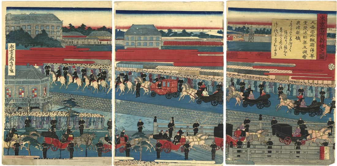 Famous 1877 Places Woodblock Print Ukiyo e Triptych Yoshitora Tokyo Shinbashi (1 of 1)