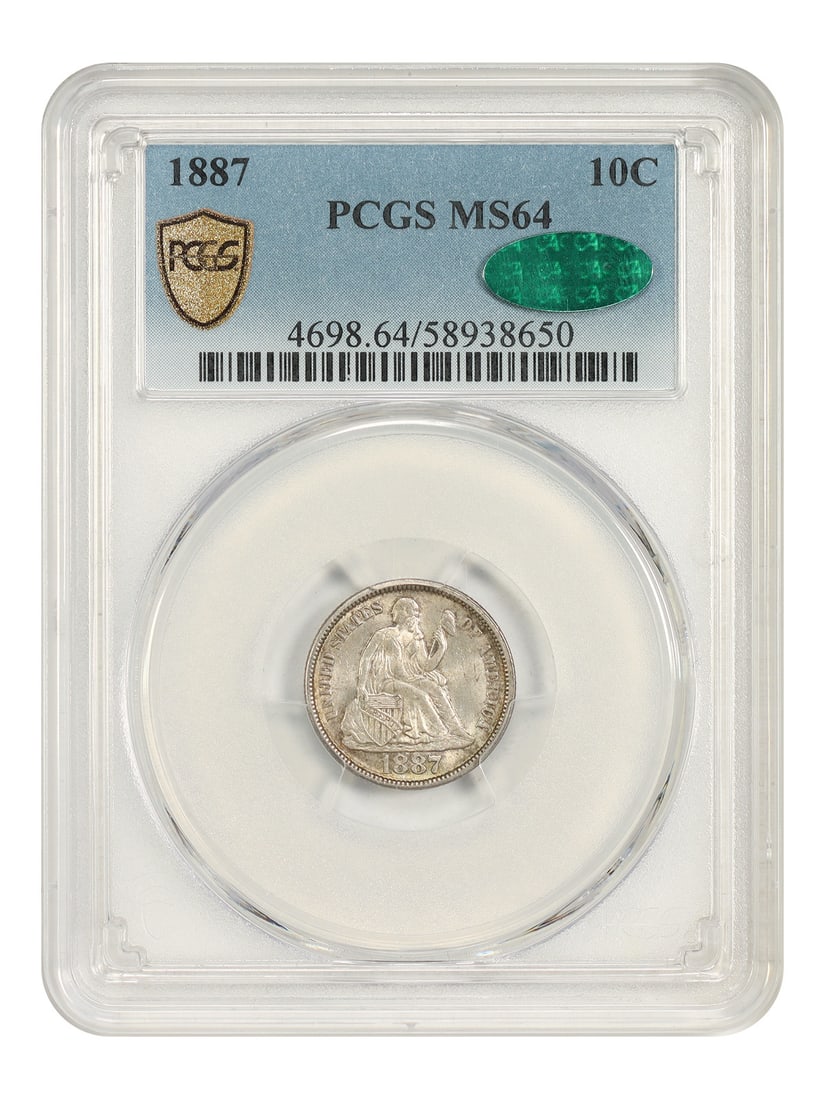PCGS CAC MS64 Liberty Seated Dime 1887: PCGS CAC MS64 Liberty Seated Dime 1887 The 1887 Liberty Seated Dime is a highly detailed and intricately designed coin, featuring the iconic Liberty Seated design on its reverse and a profile of Lady 
