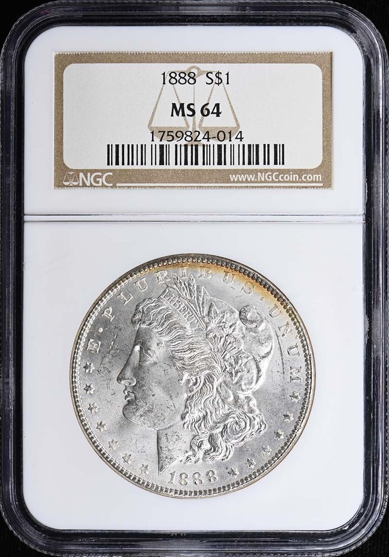 Morgan Dollar 1888 S$1 MS64: Morgan Dollar 1888 S$1 MS64 The 1888 Morgan Dollar MS64 is a highly detailed and well-certified coin, graded MS64 by the Numismatic Guaranty Corporation (NGC). This uncirculated coin features the icon