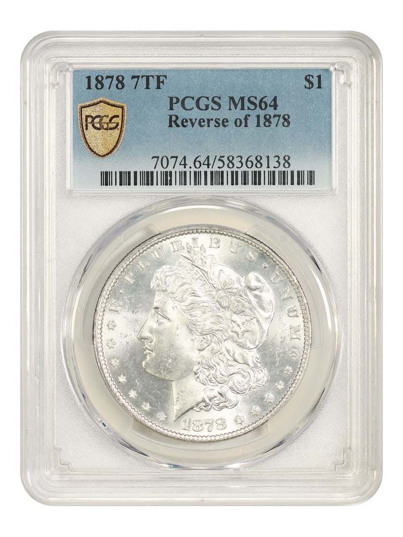 1878 7TF $1 PCGS MS64 (Reverse of 1878) - Morgan Dollar - Popular Issue: 1878 7TF $1 PCGS MS64 (Reverse of 1878) - Morgan Dollar - Popular Issue The 1878 7TF $1 PCGS MS64 (Reverse of 1878) Morgan Dollar is a highly sought-after issue, featuring the iconic reverse design th