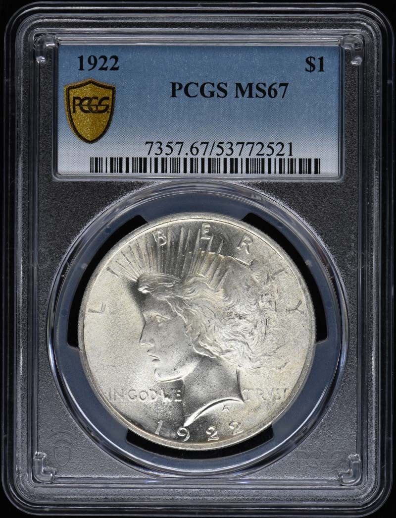 $1 PCGS MS67 1922 Peace Dollar: $1 PCGS MS67 1922 Peace Dollar The 1922 Peace Dollar is a highly graded MS67 coin, certified by PCGS, with a rich history behind it. This uncirculated coin was minted in Philadelphia and features a st