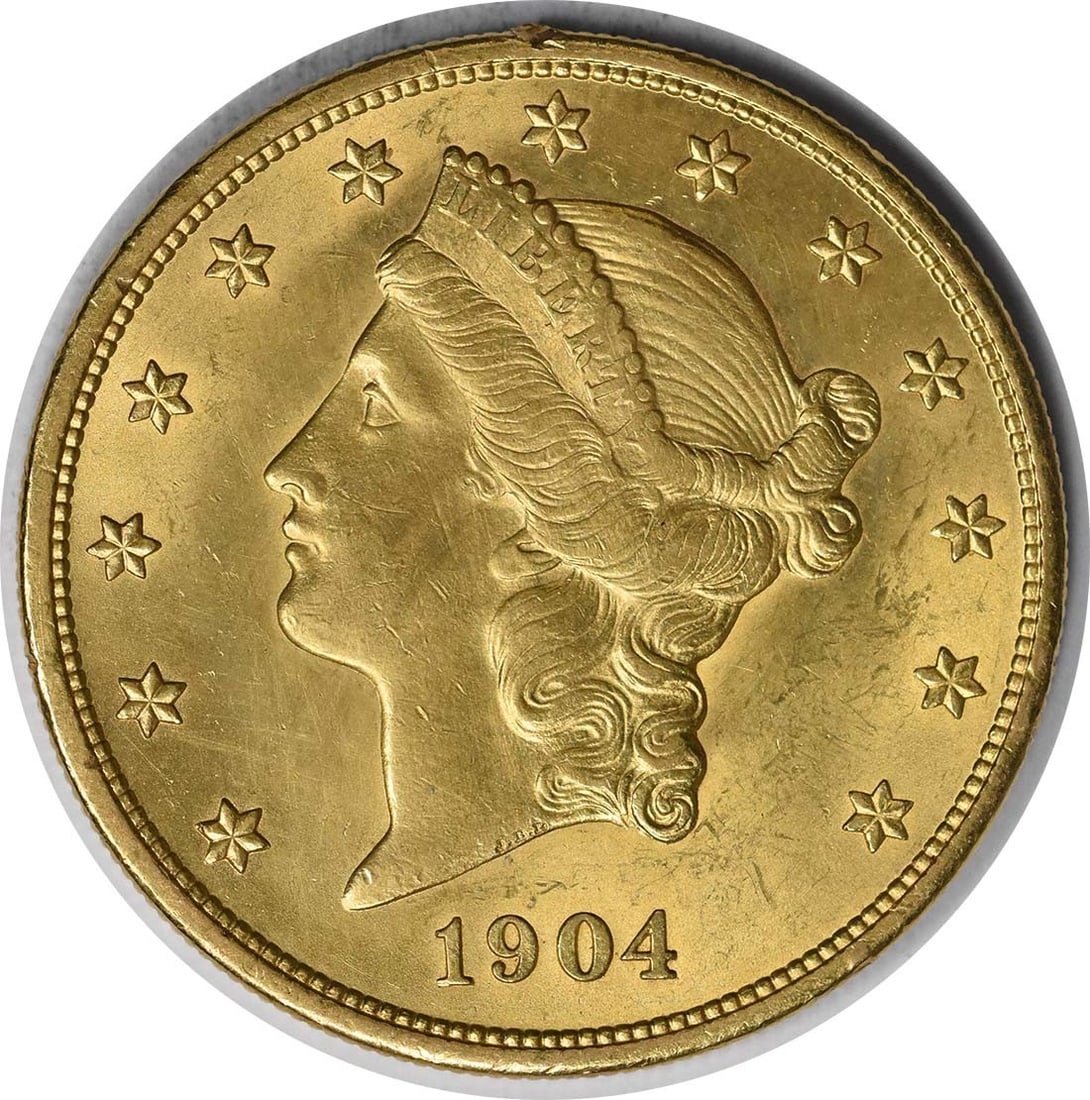 1904 $20 Gold Liberty Head Choice BU Uncertified: 1904 $20 Gold Liberty Head Choice BU Uncertified The 1904 $20 Gold Liberty Head is a Choice BU Uncertified gold coin, certified as uncirculated with a KM number of 74.3. This gold coin features a Libe